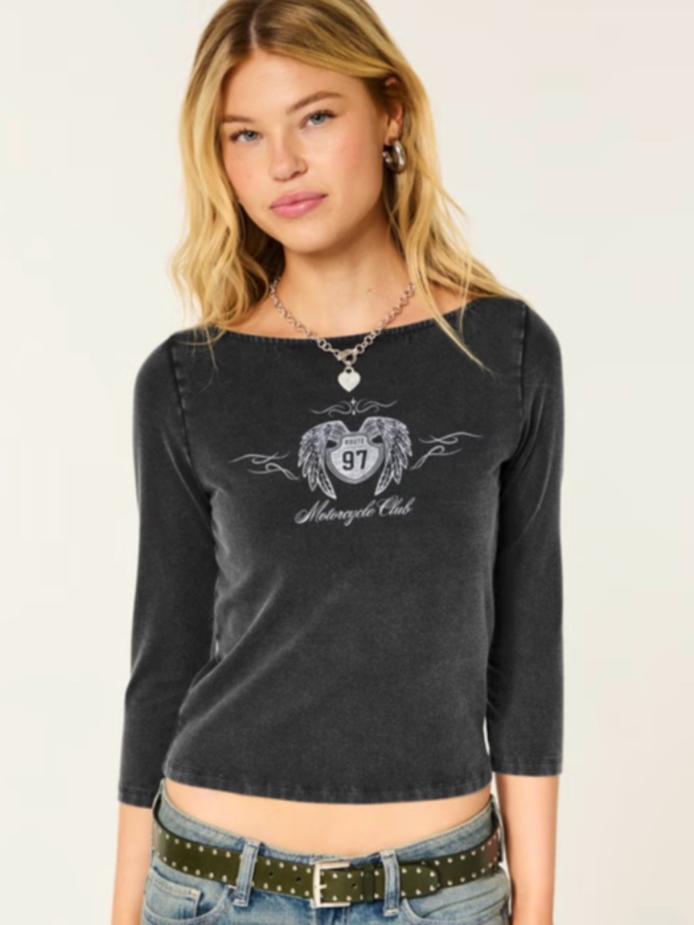 Hollister Slash-Neck Route 97 Motorcycle Club Graphic Tee, Size-S